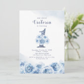 Elegant glitter script blue floral 1st jarig kaart (Staand voorkant)