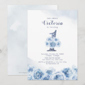 Elegant glitter script blue floral 1st jarig kaart (Voorkant / Achterkant)