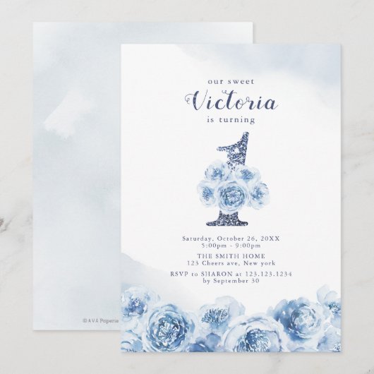 Elegant glitter script blue floral 1st jarig kaart (Voorkant / Achterkant)