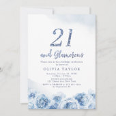 Elegant glitter script blue floral 21st jarig kaart (Voorkant)
