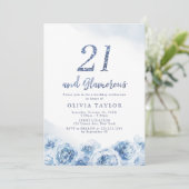Elegant glitter script blue floral 21st jarig kaart (Staand voorkant)