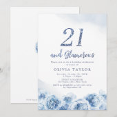 Elegant glitter script blue floral 21st jarig kaart (Voorkant / Achterkant)
