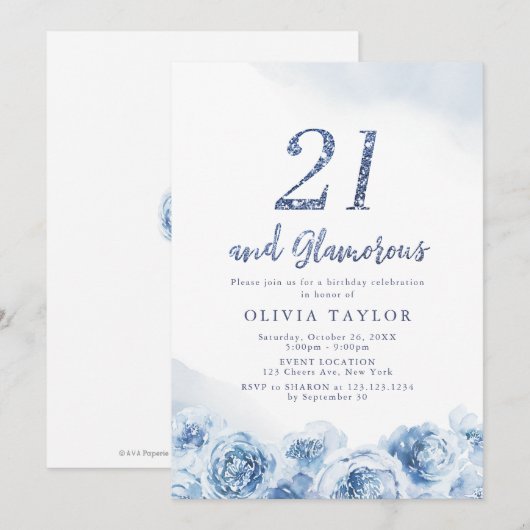 Elegant glitter script blue floral 21st jarig kaart (Voorkant / Achterkant)