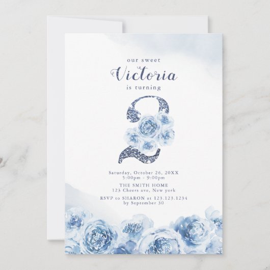 Elegant glitter script blue floral 2de verjaardag kaart (Voorkant)