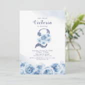 Elegant glitter script blue floral 2de verjaardag kaart (Staand voorkant)