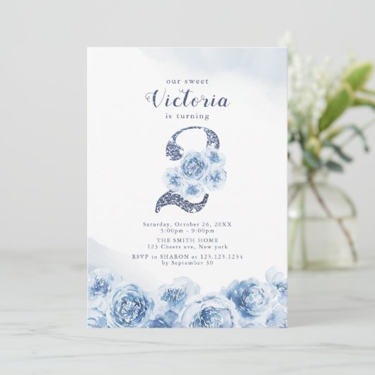 Elegant glitter script blue floral 2de verjaardag kaart (Staand voorkant)