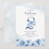 Elegant glitter script blue floral 2de verjaardag kaart (Voorkant / Achterkant)