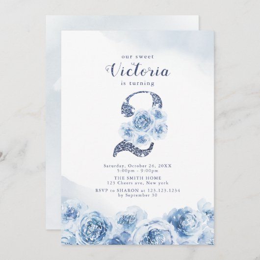 Elegant glitter script blue floral 2de verjaardag kaart (Voorkant / Achterkant)