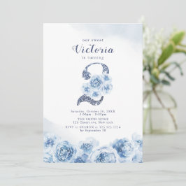 Elegant glitter script blue floral 2de verjaardag kaart