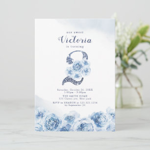 Elegant glitter script blue floral 2de verjaardag kaart