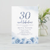 Elegant glitter script blue floral 30th jarig kaart (Staand voorkant)
