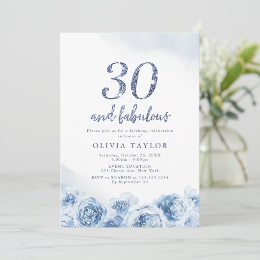 Elegant glitter script blue floral 30th jarig kaart (Staand voorkant)