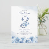 Elegant glitter script blue floral 3rd jarig kaart (Staand voorkant)