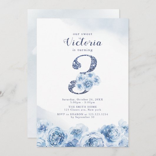 Elegant glitter script blue floral 3rd jarig kaart (Voorkant / Achterkant)