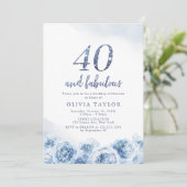 Elegant glitter script blue floral 40th jarig kaart (Staand voorkant)