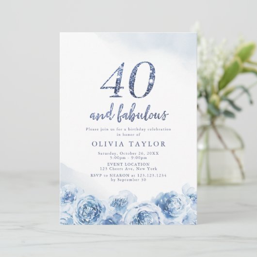 Elegant glitter script blue floral 40th jarig kaart (Staand voorkant)