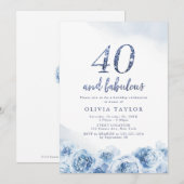 Elegant glitter script blue floral 40th jarig kaart (Voorkant / Achterkant)