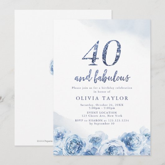 Elegant glitter script blue floral 40th jarig kaart (Voorkant / Achterkant)