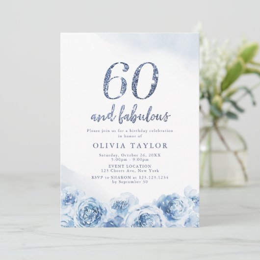 Elegant glitter script blue floral 60th jarig kaart (Staand voorkant)