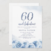 Elegant glitter script blue floral 60th jarig kaart (Voorkant / Achterkant)