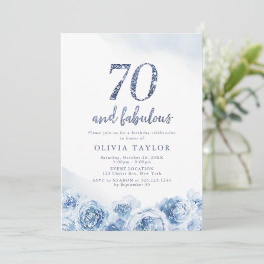 Elegant glitter script blue floral 70th jarig kaart (Staand voorkant)