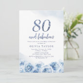 Elegant glitter script blue floral 80th jarig kaart (Staand voorkant)