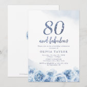 Elegant glitter script blue floral 80th jarig kaart (Voorkant / Achterkant)
