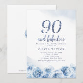 Elegant glitter script blue floral 90th jarig kaart (Voorkant / Achterkant)