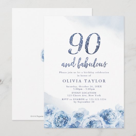 Elegant glitter script blue floral 90th jarig kaart (Voorkant / Achterkant)