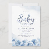 Elegant glitter script blue floral baby shower kaart (Voorkant)