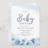 Elegant glitter script blue floral baby shower kaart (Voorkant / Achterkant)