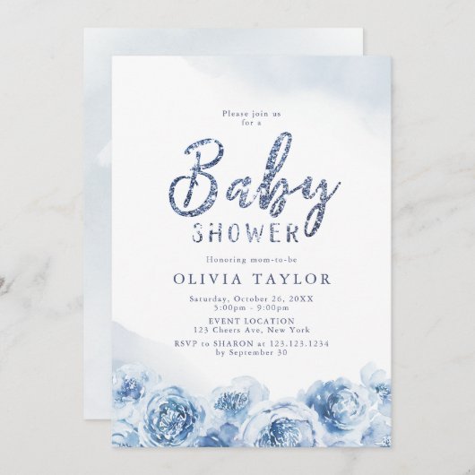 Elegant glitter script blue floral baby shower kaart (Voorkant / Achterkant)