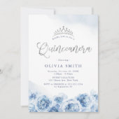 Elegant glitter script blue floral Quinceanera Kaart (Voorkant)