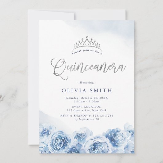 Elegant glitter script blue floral Quinceanera Kaart (Voorkant)