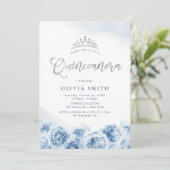Elegant glitter script blue floral Quinceanera Kaart (Staand voorkant)