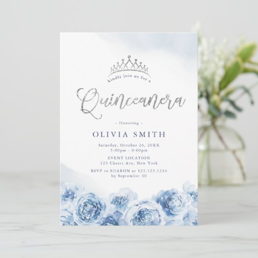 Elegant glitter script blue floral Quinceanera Kaart (Staand voorkant)