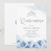 Elegant glitter script blue floral Quinceanera Kaart (Voorkant / Achterkant)