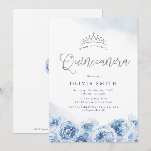 Elegant glitter script blue floral Quinceanera Kaart (Voorkant / Achterkant)