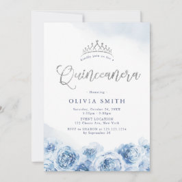 Elegant glitter script blue floral Quinceanera Kaart