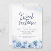 Elegant glitter script blue floral zotte zestien kaart (Voorkant)
