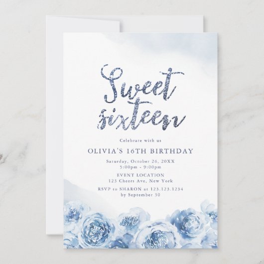Elegant glitter script blue floral zotte zestien kaart (Voorkant)