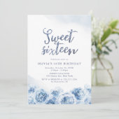 Elegant glitter script blue floral zotte zestien kaart (Staand voorkant)