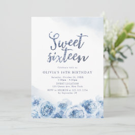 Elegant glitter script blue floral zotte zestien kaart