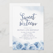 Elegant glitter script blue floral zotte zestien kaart (Voorkant / Achterkant)