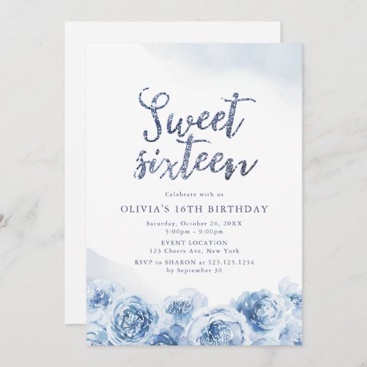 Elegant glitter script blue floral zotte zestien kaart (Voorkant / Achterkant)