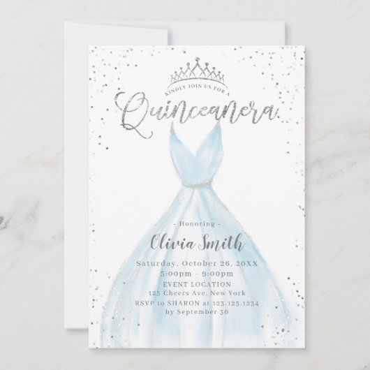 Elegant glitter Silver Blauw jurk Quinceañera Kaart (Voorkant)