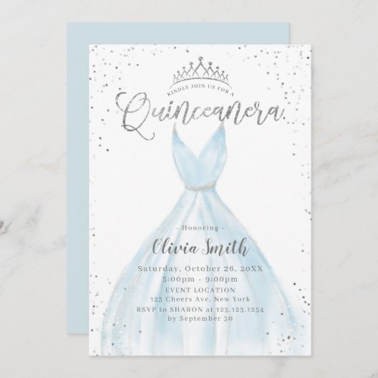Elegant glitter Silver Blauw jurk Quinceañera Kaart (Voorkant / Achterkant)