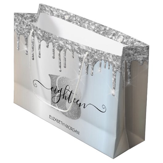 Elegant Glitter Silver Drips 18e verjaardag Groot Cadeauzakje (Voorkant Gekanteld)