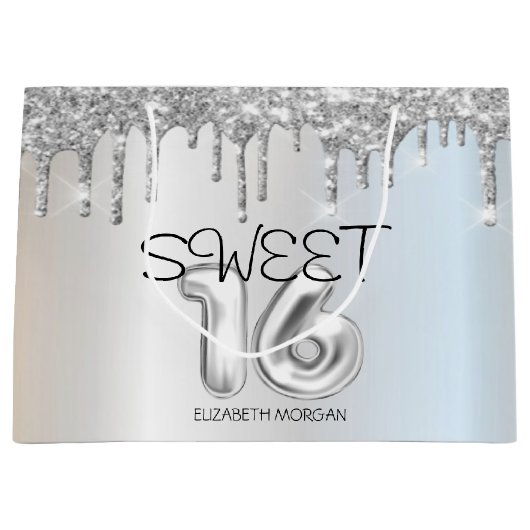 Elegant Glitter Silver Drips Sweet 16 Groot Cadeauzakje (Voorkant)