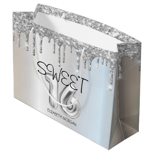 Elegant Glitter Silver Drips Sweet 16 Groot Cadeauzakje (Achterkant Gekanteld)